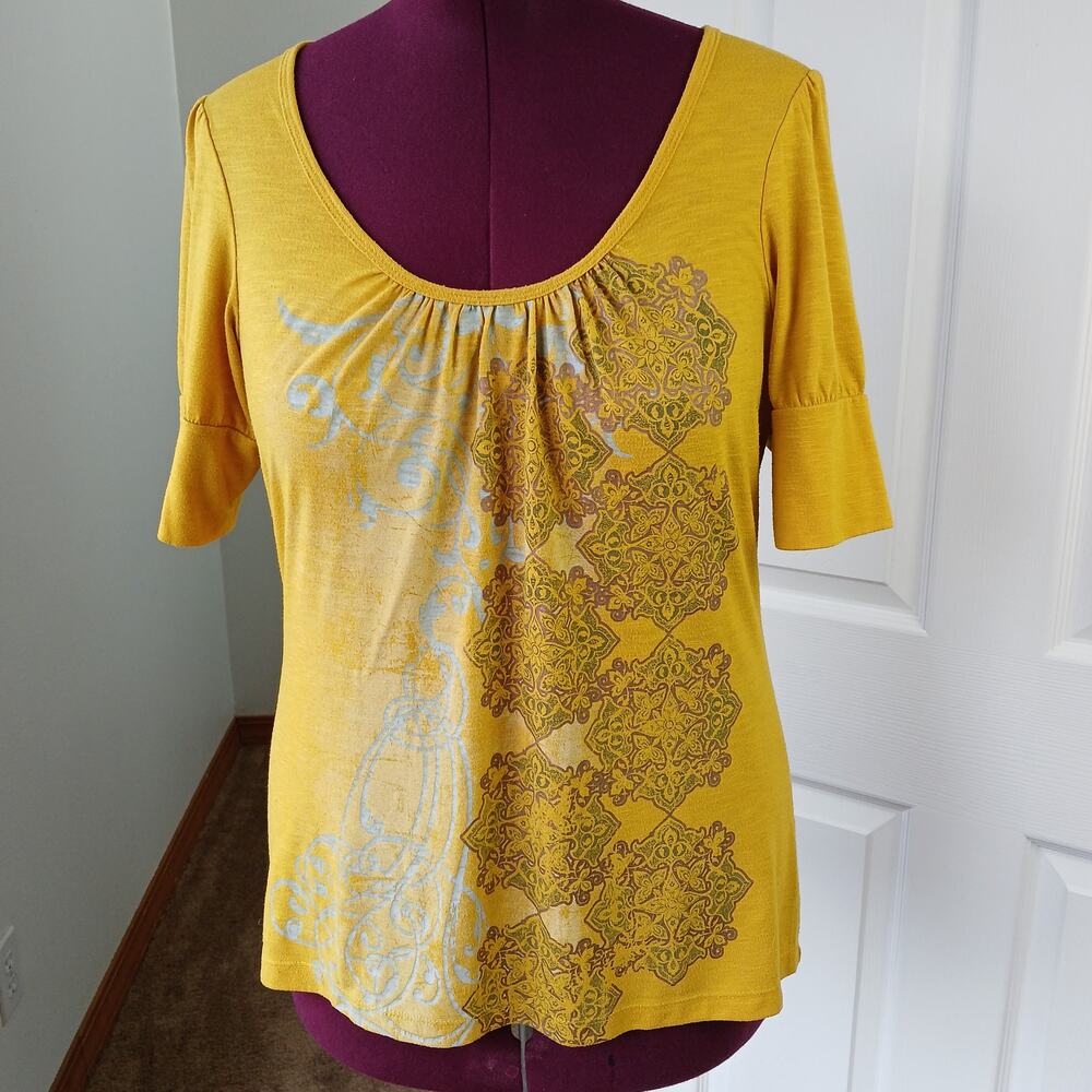 Ransom Vintage Y2K Tunic Tee Blouse L mustard yellow grey paisley graphic print - Picture 5 of 12